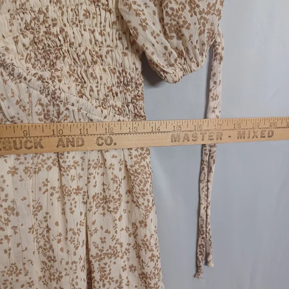 SIENNA SKY Floral Dress Gold Print Smocked Short Sleeve A Line Mini Cream Dress - Picture 6 of 10